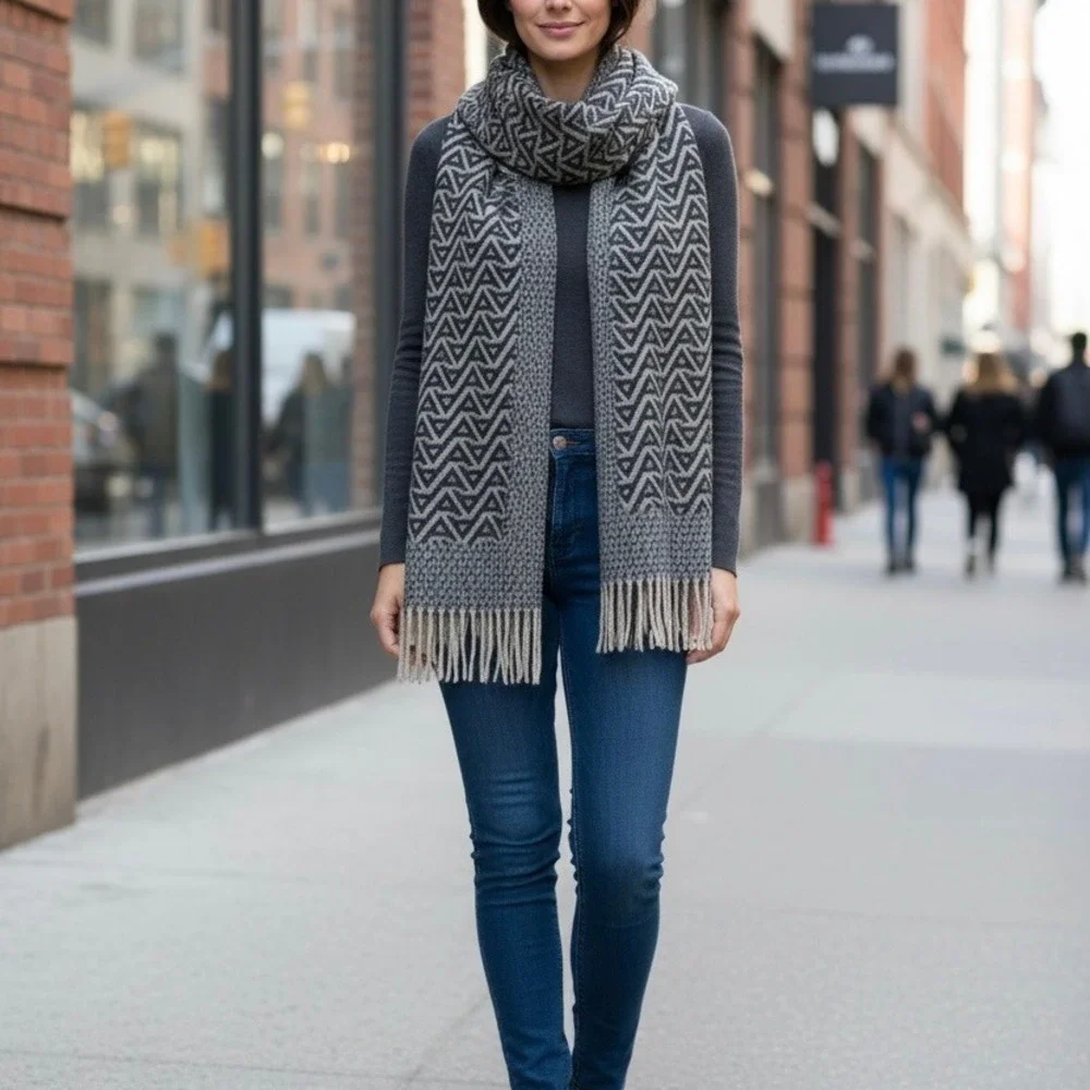 Aldo Womens Grey Black Geometric Chevron Metallic Knit Fringe Scarf NWT One Size